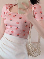 Korean Style Fruit Print Square Neck Slim Fit T-Shirt