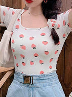 Korean Style Fruit Print Square Neck Slim Fit T-Shirt White
