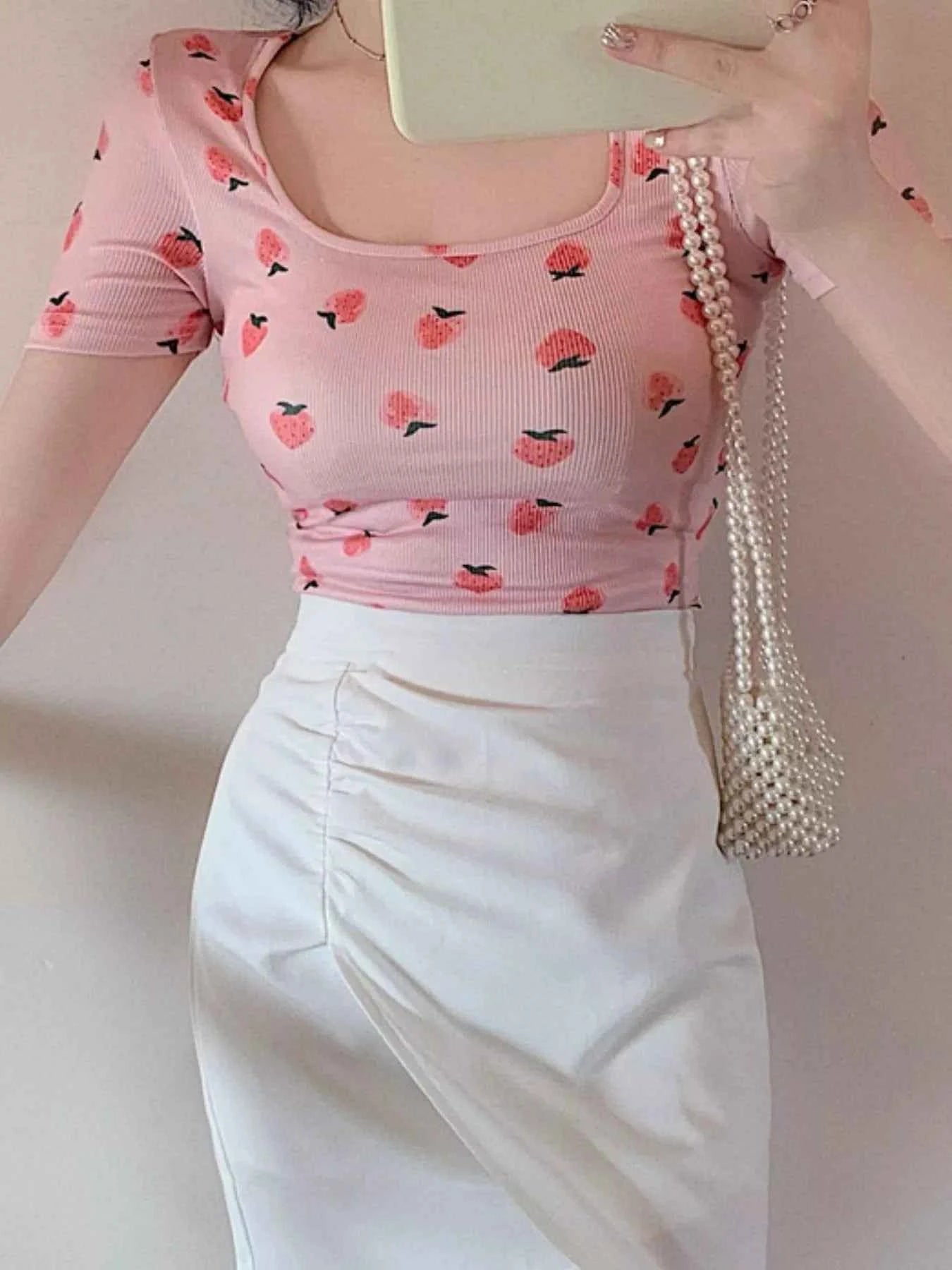 Korean Style Fruit Print Square Neck Slim Fit T-Shirt