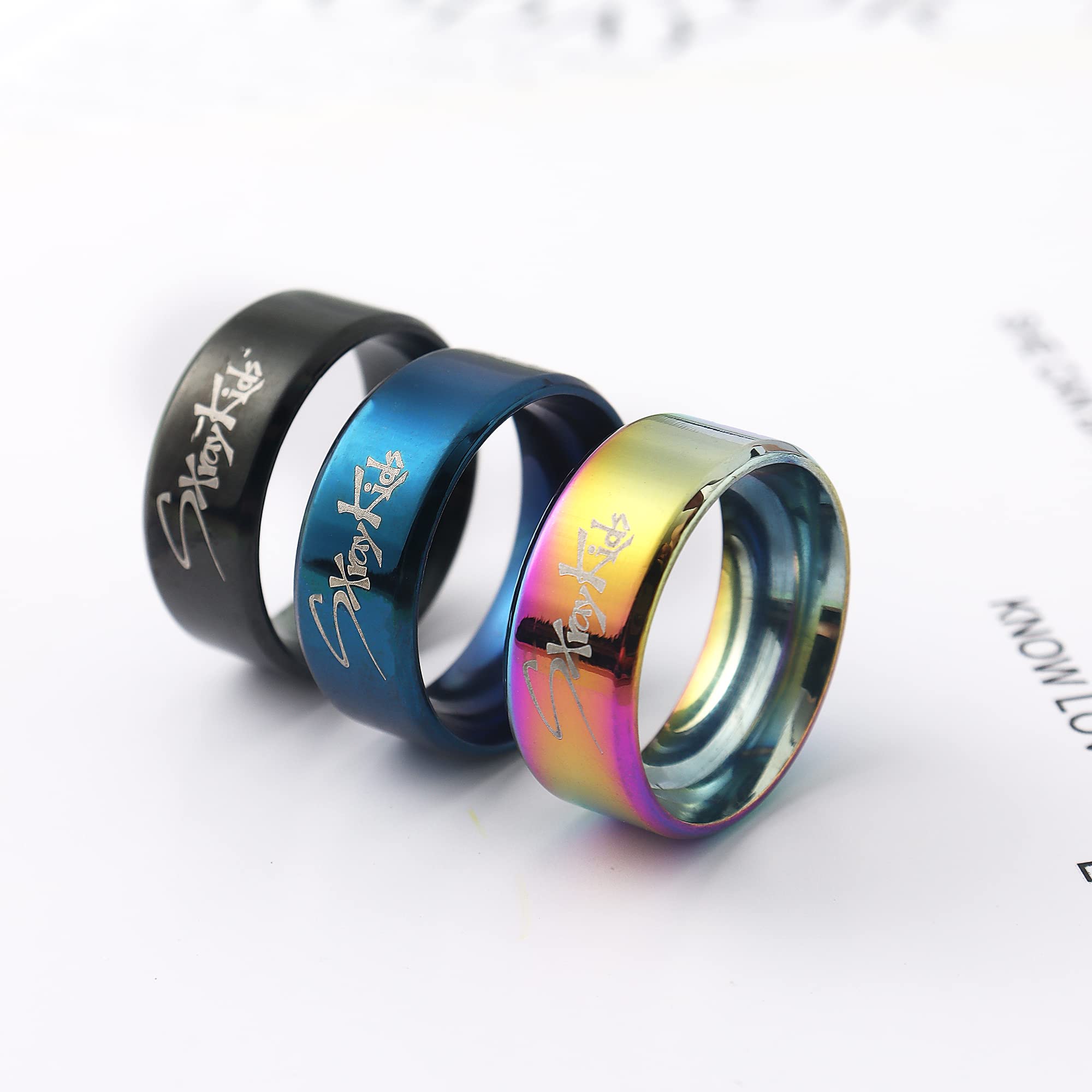 AntaQuyaN Stray Kids Merch Jewelry Set – 3 Rings & Necklace, Stainless Steel, Blue & Rainbow Colors, Ideal Gift for Fans