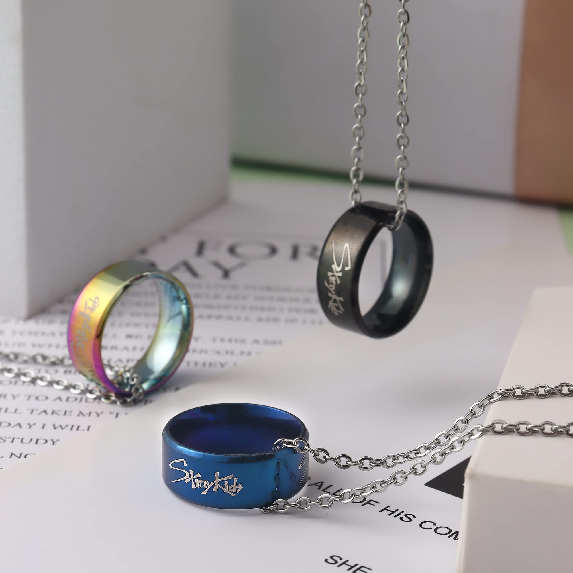 AntaQuyaN Stray Kids Merch Jewelry Set – 3 Rings & Necklace, Stainless Steel, Blue & Rainbow Colors, Ideal Gift for Fans