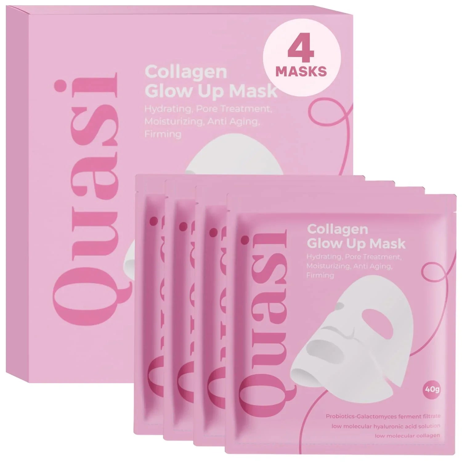 Quasi Bio-Collagen Face Mask Overnight — Hydrating Korean Sheet Mask with Collagen, Niacinamide & Hyaluronic Acid, 4 Masks