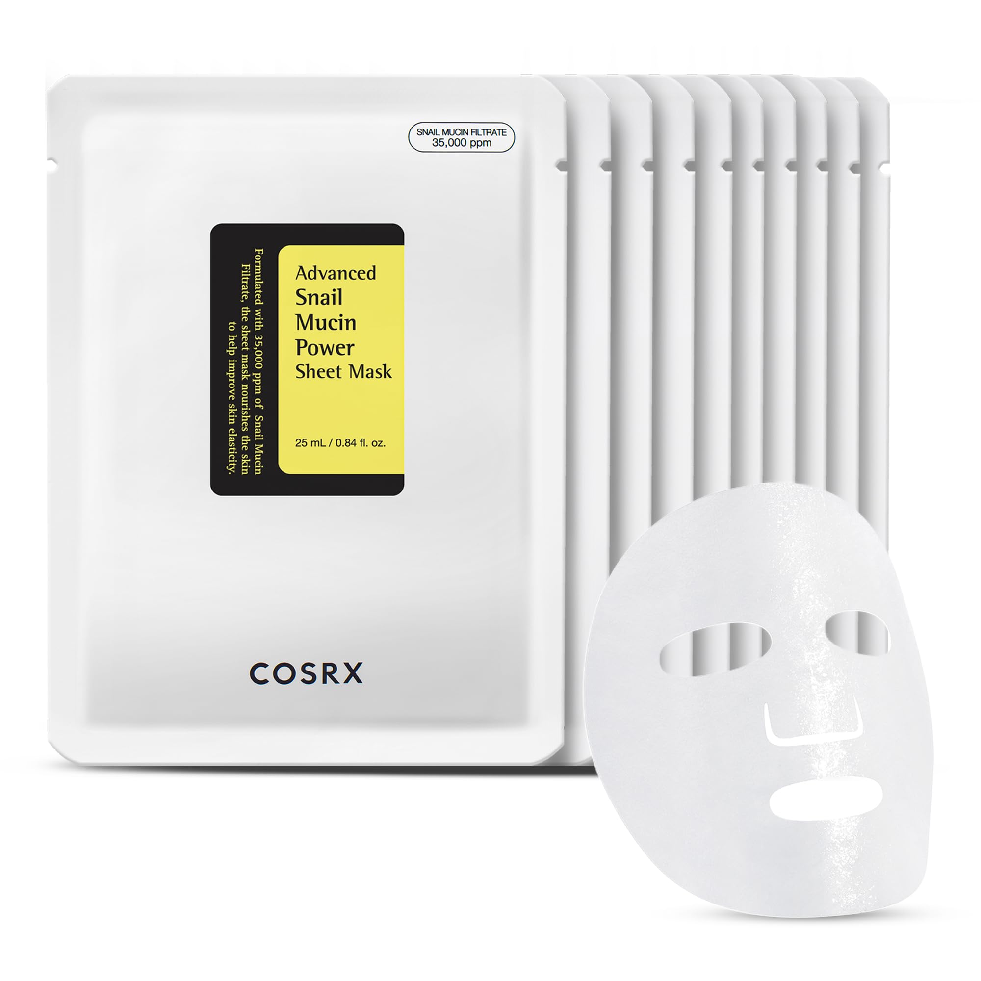 COSRX Advanced Snail Mucin Power Sheet Mask 10 Sheets, 35000 ppm Snail Secretion Filtrate, Deep Hydration, Skin Repair, Sensitive Skin Sheet Mask, Korean Skin Care