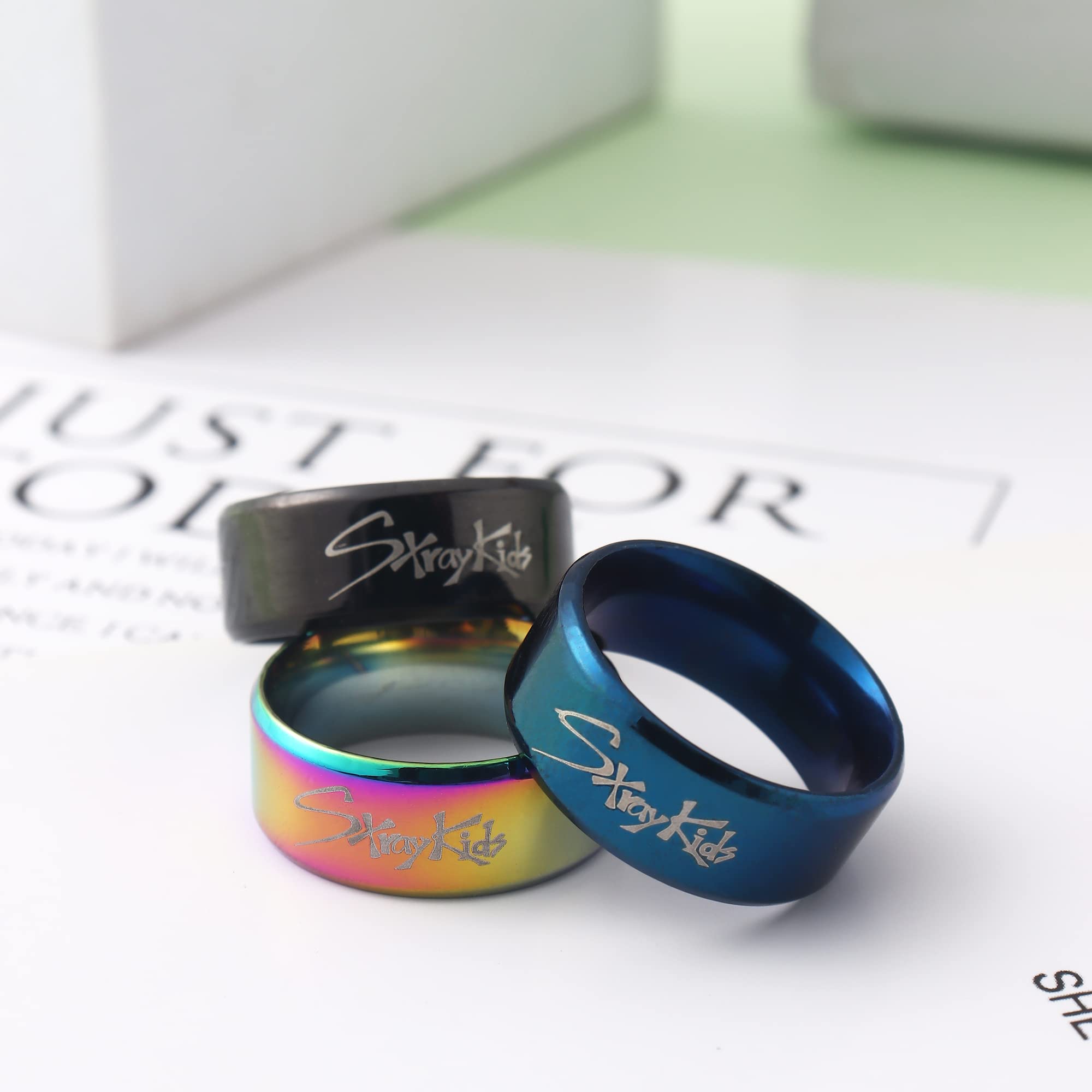 AntaQuyaN Stray Kids Merch Jewelry Set – 3 Rings & Necklace, Stainless Steel, Blue & Rainbow Colors, Ideal Gift for Fans