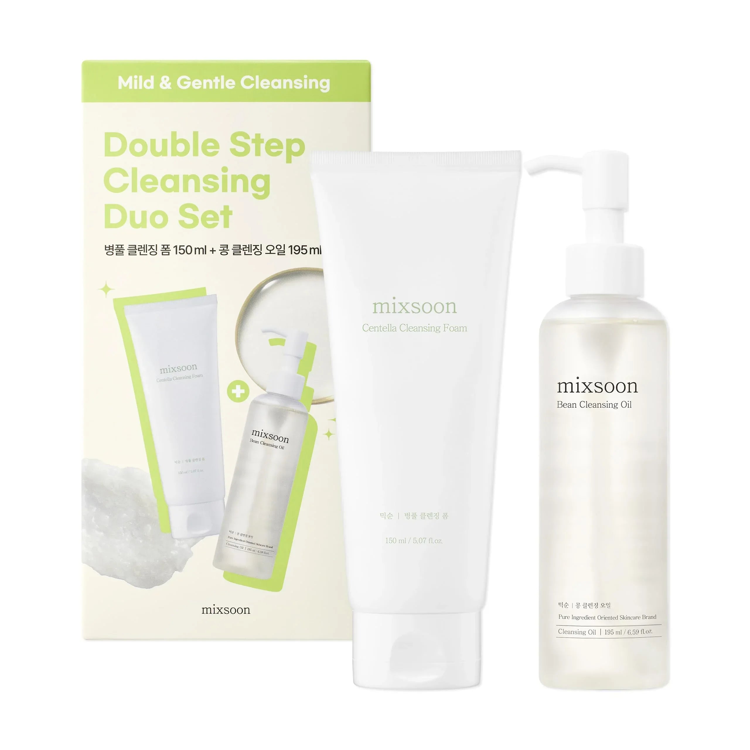 Mixsoon Centella Cleansing Foam & Bean Cleansing Oil Set — Low-pH 2-Step Korean Double Cleanse with Centella Asiatica, Salicylic Acid & Microbubble Foam
