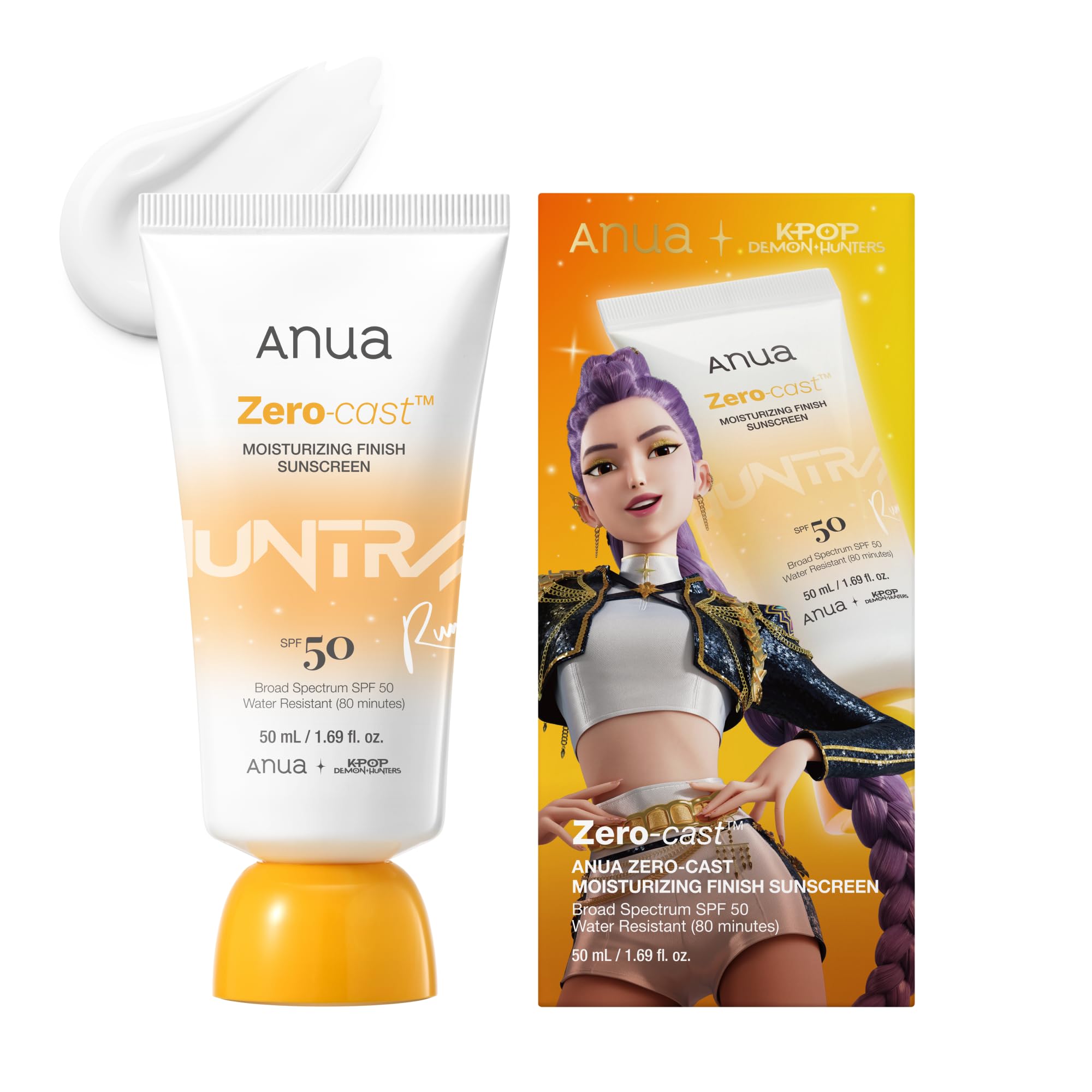 Anua, Zero-Cast Moisturizing Sunscreen SPF 50, Glow Natural Sunscreen for face, No White Cast, Hyaluronic Acid, Niacinamide, Oil-Free, KPop Demon Hunters, Korean Skincare, 1.69 fl oz