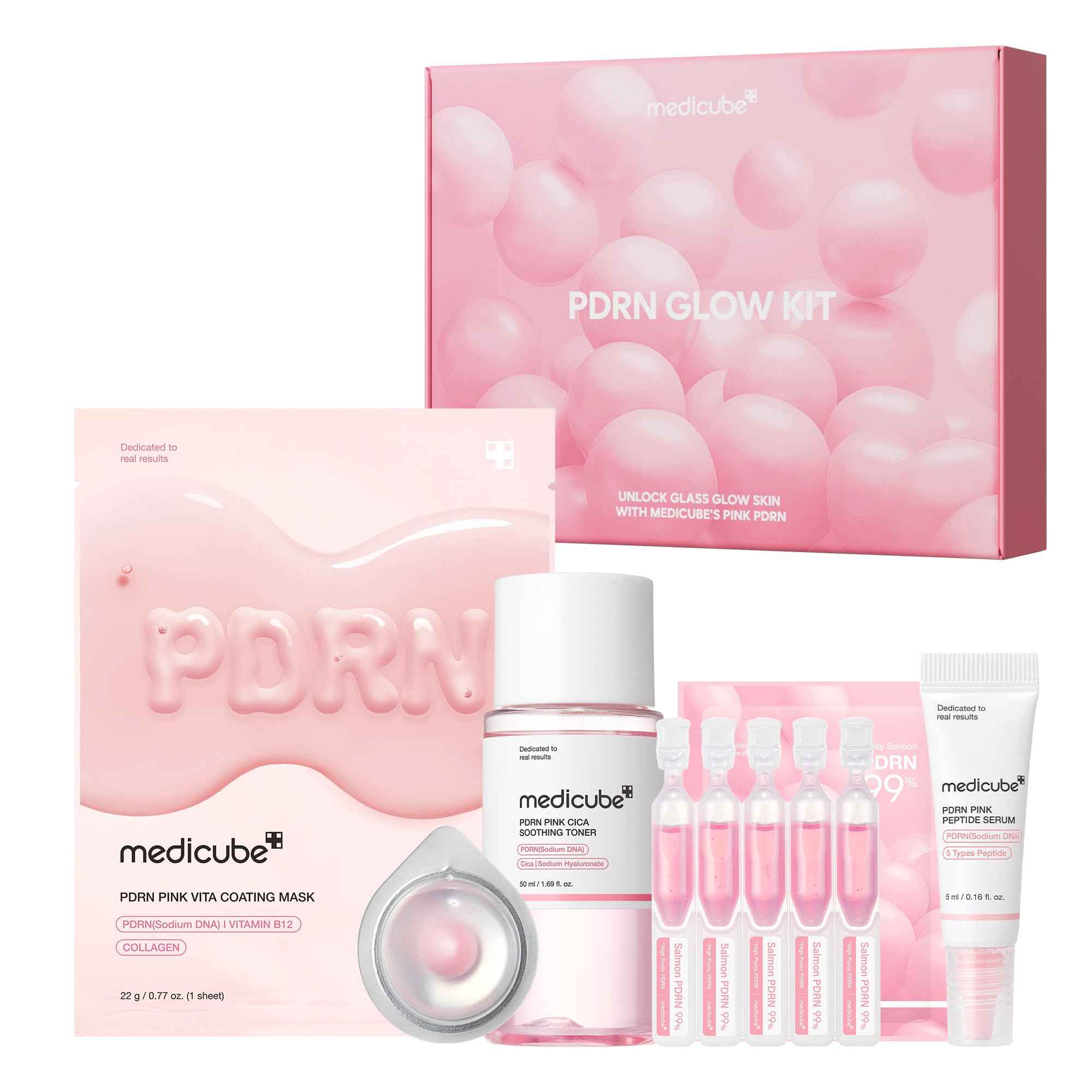 medicube Salmon DNA PDRN Trial Kit, Glass Glow Mini Skincare Set with Toner, Serum & Sheet Mask for Hydrating, Firming, Moisturizing, K-Beauty Starter Set, Korean Skincare Gift Set