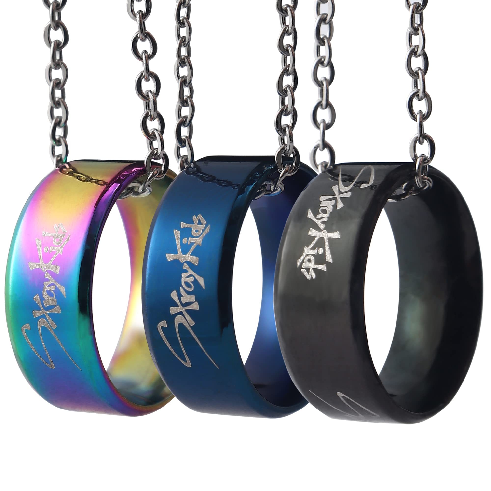 AntaQuyaN Stray Kids Merch Jewelry Set – 3 Rings & Necklace, Stainless Steel, Blue & Rainbow Colors, Ideal Gift for Fans