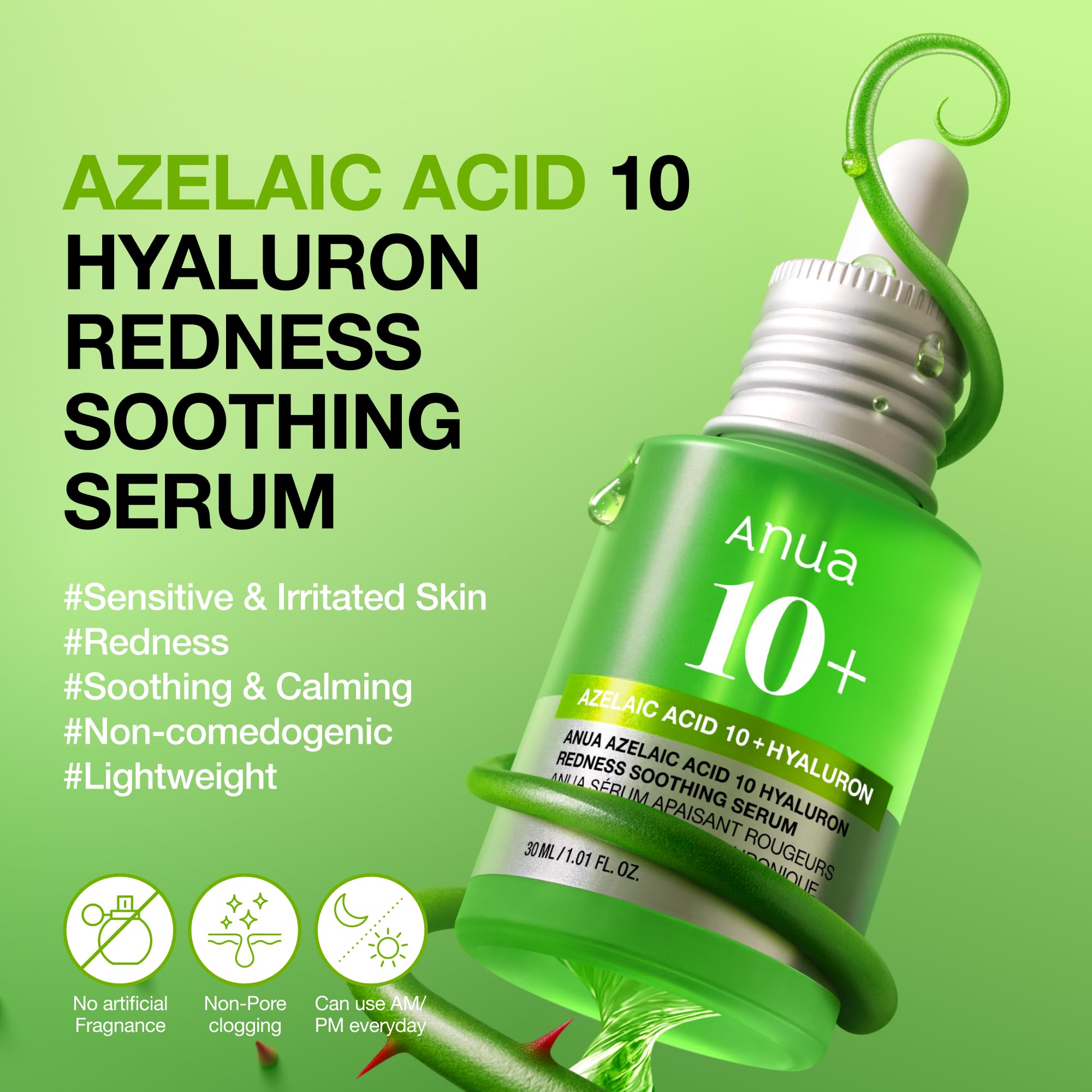 Anua Azelaic Acid 10 Hyaluron Redness Soothing Serum — Gentle Blemish and Dark Spot Care for Sensitive, Reactive Skin
