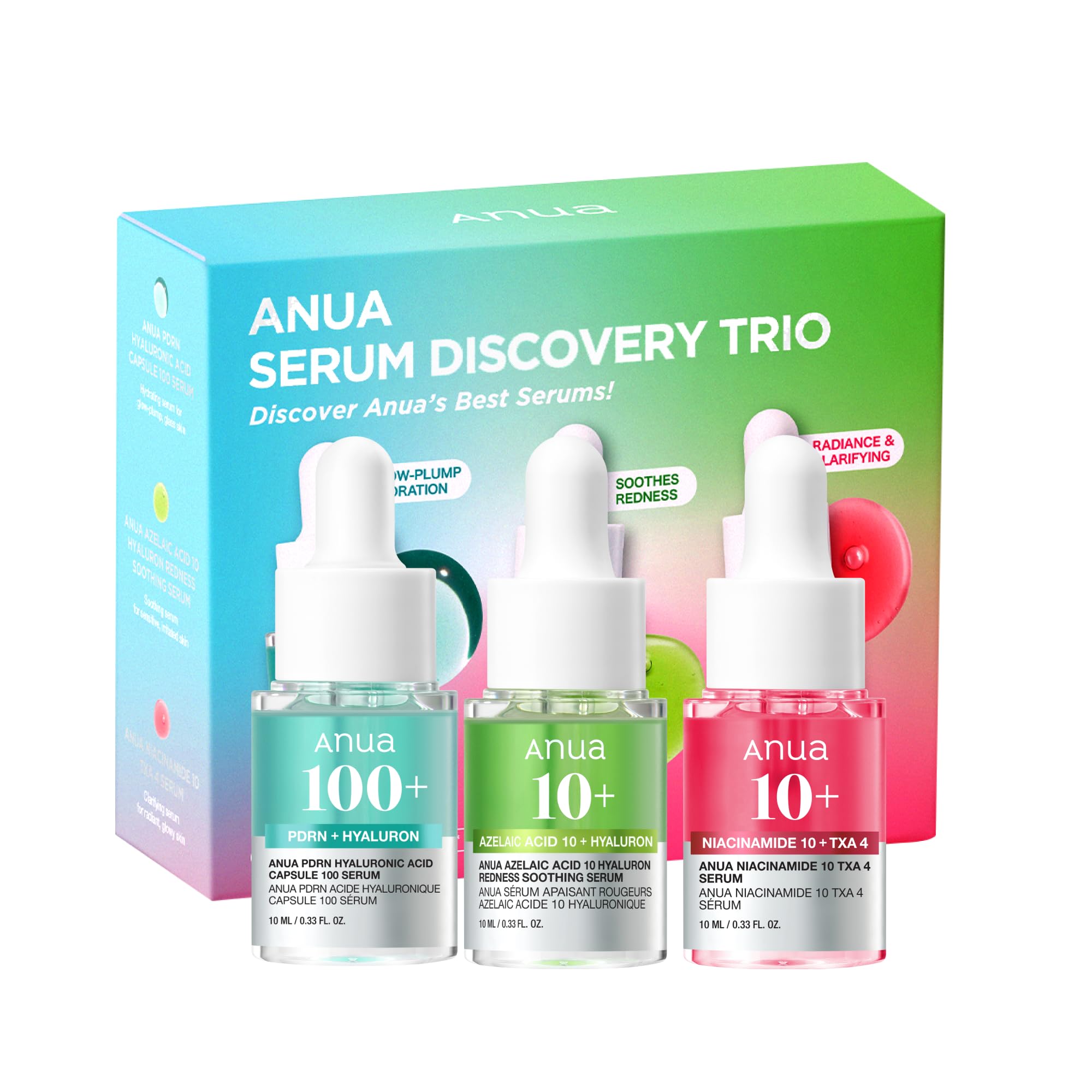Anua Serum Discovery Trio, Mini Face Serum Travel Size Kit with Hyaluronic Acid, Niacinamide & Azelaic Acid, Hydrating Soothing Gift Set for Women, Korean Skincare Set -10ml/0.33fl.oz × 3EA