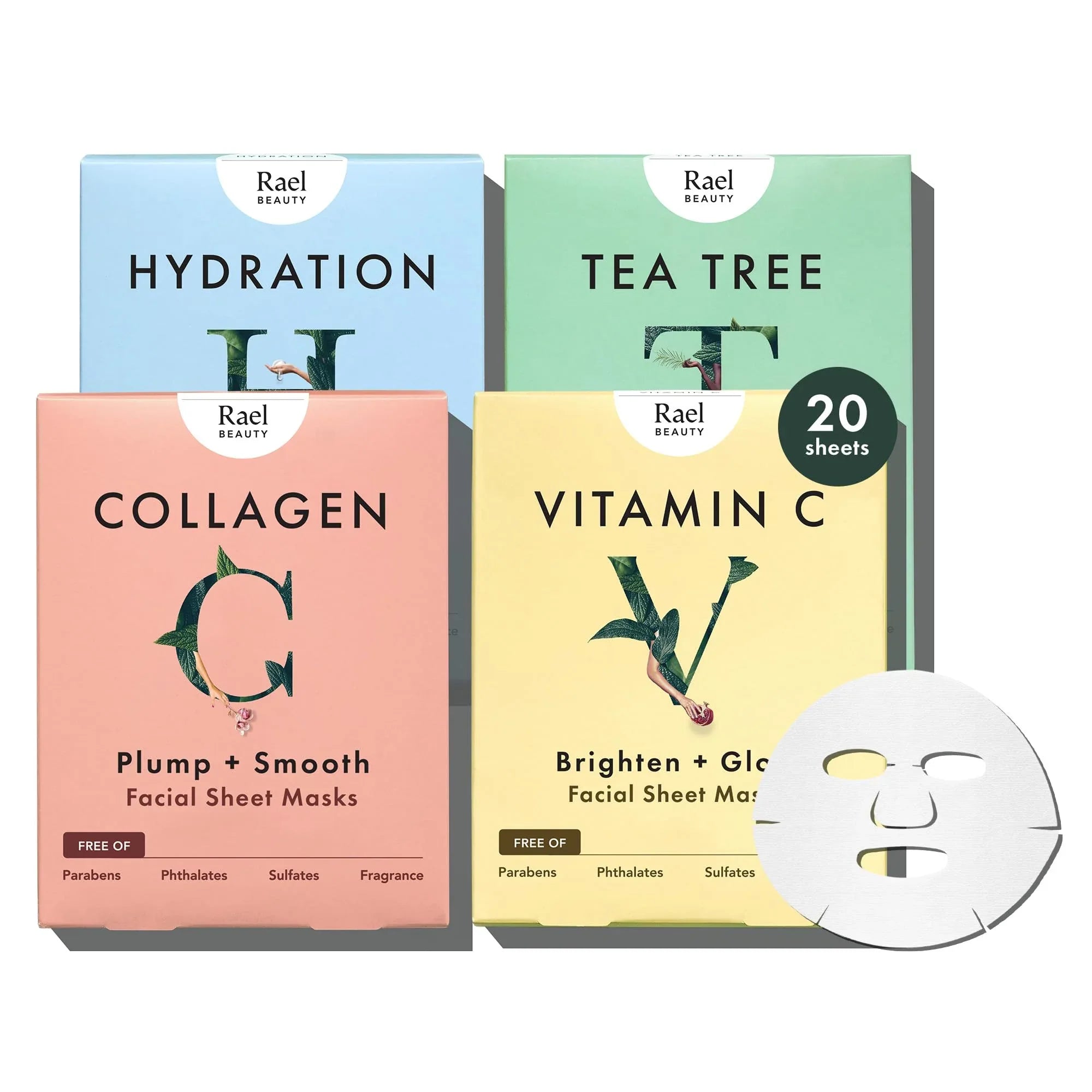 Rael Face Mask Skin Care, Bamboo Facial Mask Sheet Set - Variety Pack, Korean Skincare
