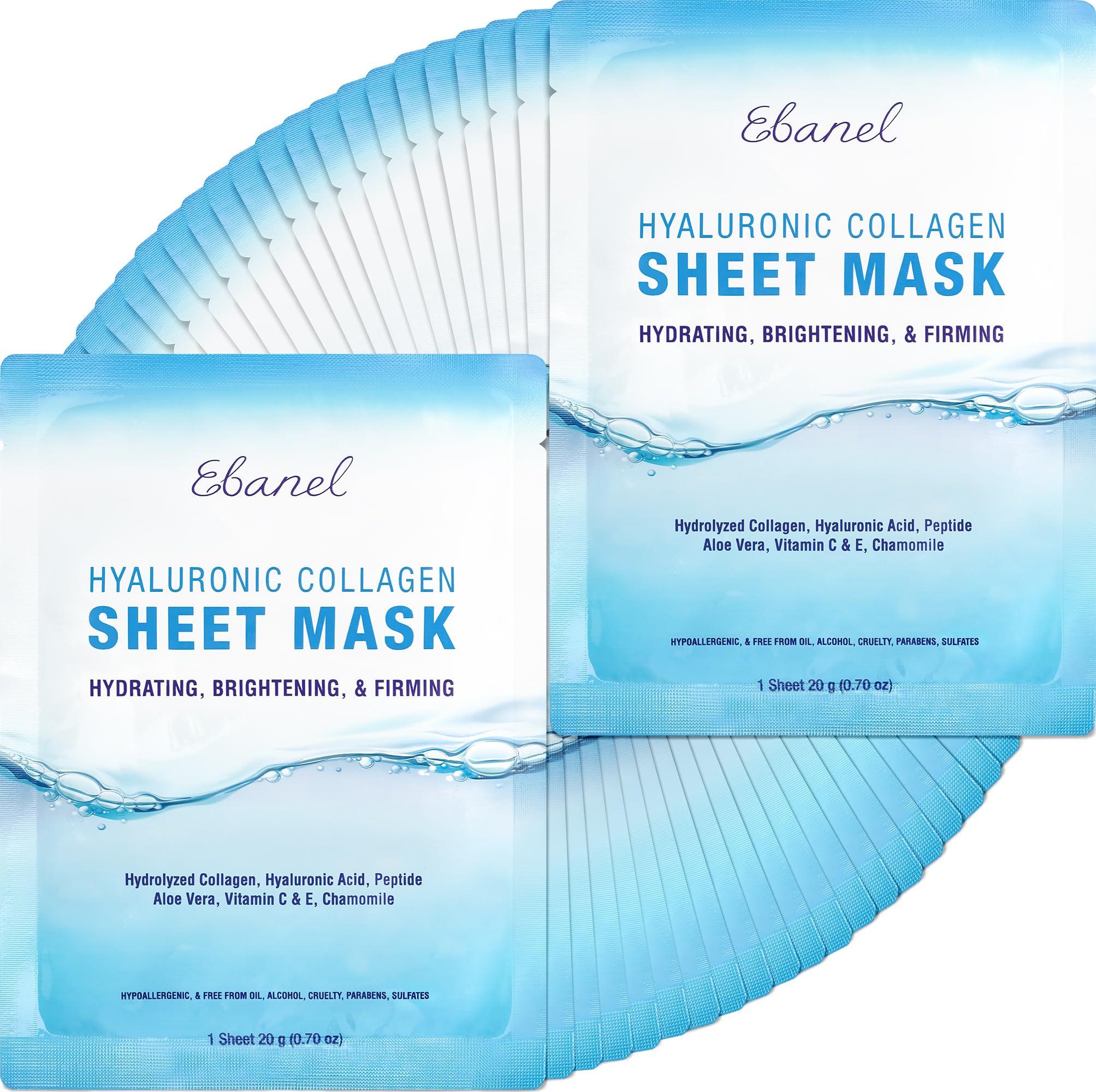 Ebanel Hyaluronic Collagen Sheet Face Mask 40 Pack - Hyaluronic Acid, Vitamin C & Peptides