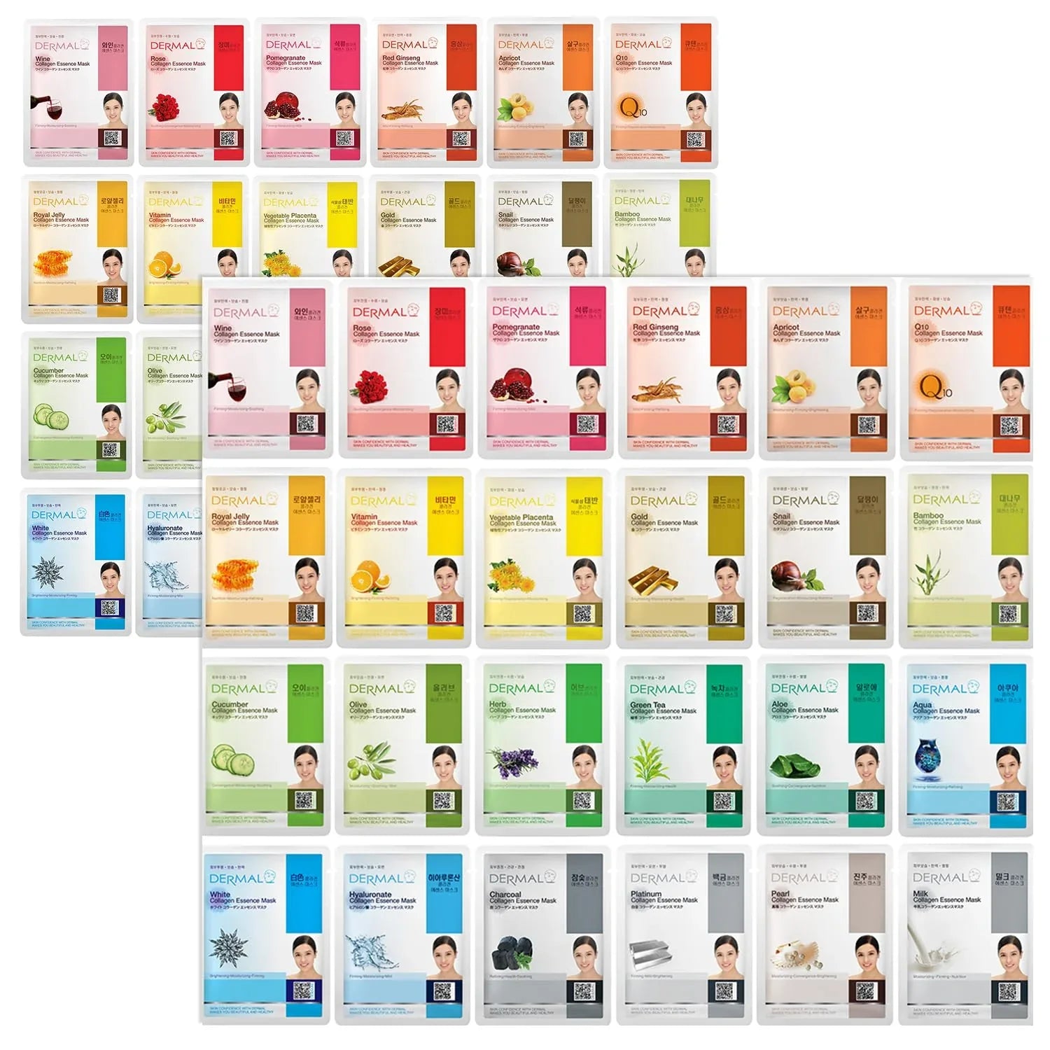 DERMAL 48 Combo Pack Facial Mask — 48 Korean Sheet Masks with Collagen, Hyaluronic Acid & Cica for Daily Hydration & Brightening