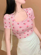 Korean Style Fruit Print Square Neck Slim Fit T-Shirt Pink