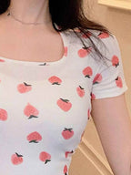 Korean Style Fruit Print Square Neck Slim Fit T-Shirt