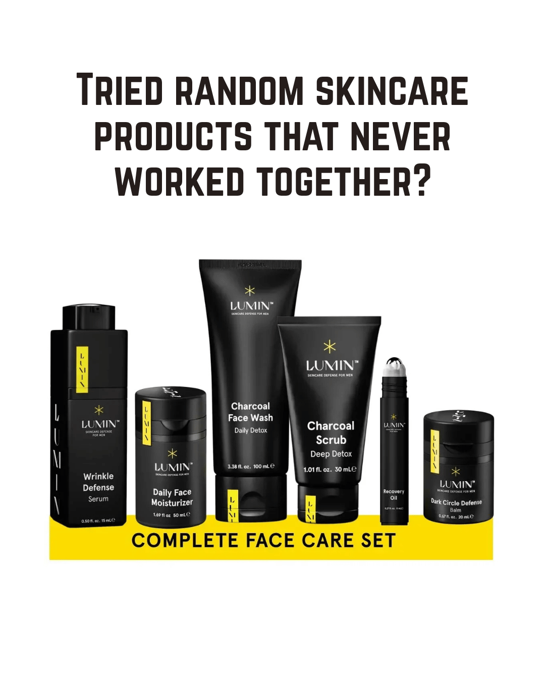 Lumin Men's Skincare Set - Complete Face Care Kit, Charcoal Cleanser, Niacinamide, Anti-Wrinkle, Eye Balm, Korean Skincare Routine for Men