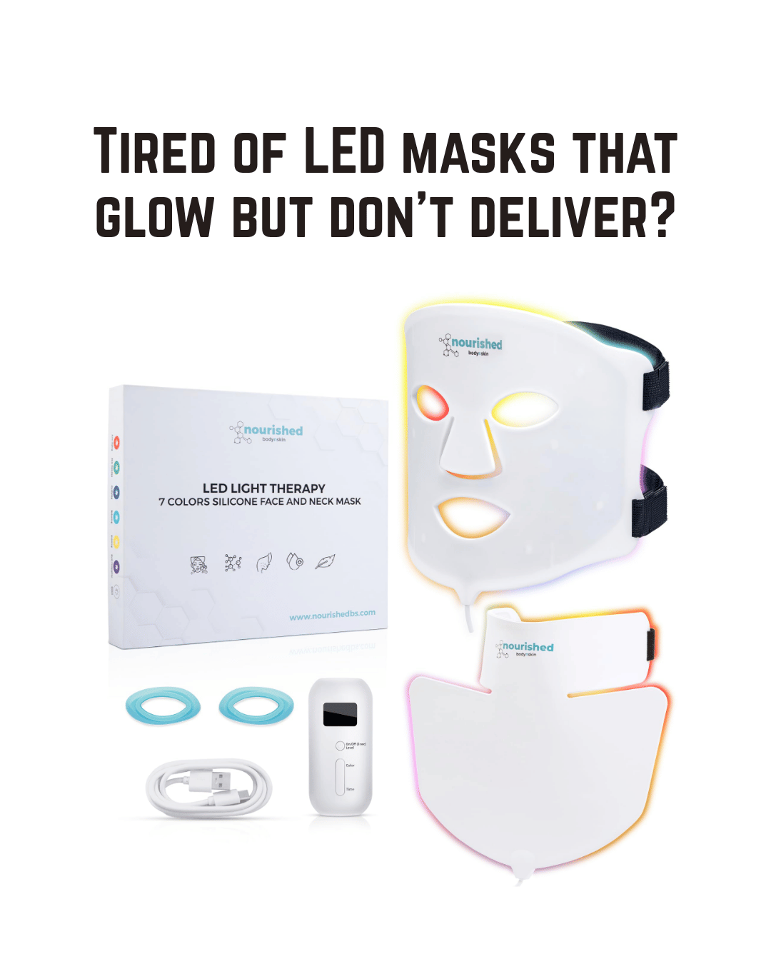 Nourished Bodynskin 7 Colors LED Face and Neck Mask with Near-Infrared, Blue and Red Light Therapy, 912 LEDs, Anti-Aging and Acne Control, At-Home Skincare Tool