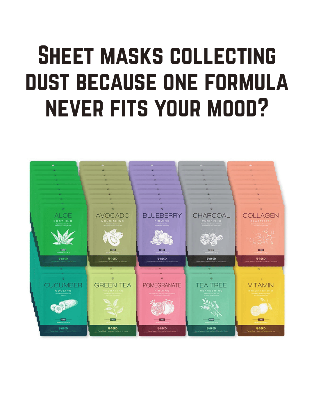 U-NEED 100 pcs Korean Face Sheet Mask (10 Types x 10 pcs) - Hydrating Sheet Mask Set
