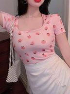 Korean Style Fruit Print Square Neck Slim Fit T-Shirt